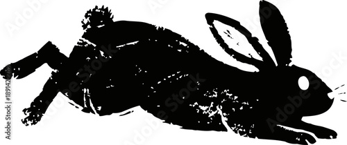 black silhouette of a running rabbit with detailed fur texture and alert posture