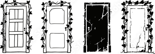 Set of four black and white vintage doors with decorative vine frames, distressed and textured designs