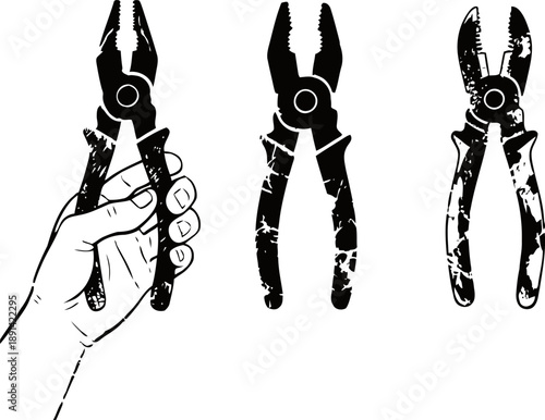Set of vintage pliers silhouettes with worn textures, one held in a hand, isolated on white background