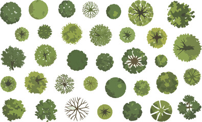 Acrylglasbilder Pistache Set of 35 realistic tree top view CAD blocks for architectural site plans, detailed organic vegetation symbols and foliage icons for landscape design and urban planning.  © NexThread