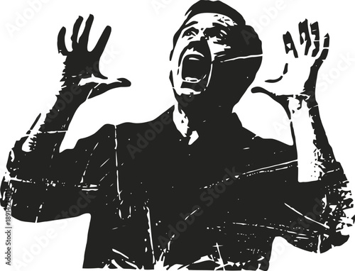 man screaming with raised hands expressing fear and intense emotion in black and white silhouette