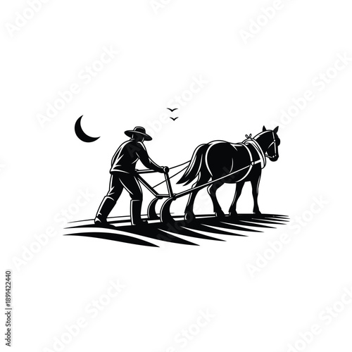 A vintage illustration of a farmer plowing a field with a horse