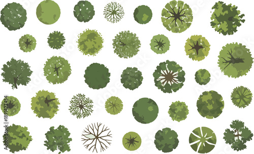 Set of 35 realistic tree top view CAD blocks for architectural site plans, detailed organic vegetation symbols and foliage icons for landscape design and urban planning.