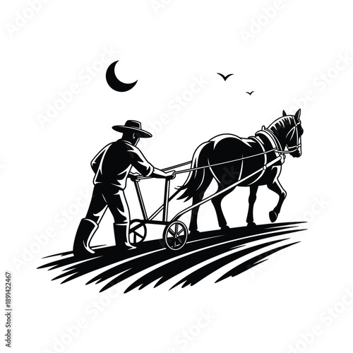 A farmer pulls a plow with a horse under a crescent moon