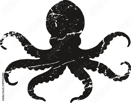 Grunge octopus silhouette with eight curved tentacles and textured distressed surface