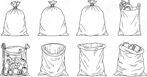 Set of Garbage bags Outline vector illustration isolated On Transparent Background
