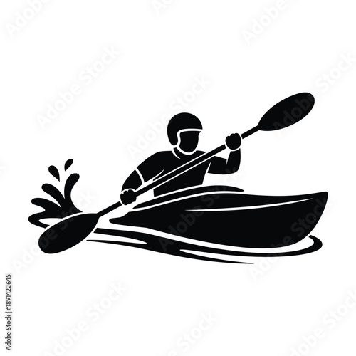 Silhouette of a kayaker paddling on water with splashing waves