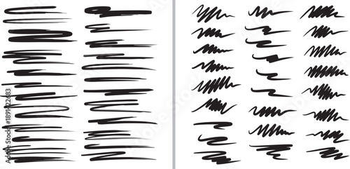 A comprehensive set of black ink brush strokes featuring thin wispy lines, thick textured marks, and jagged zigzags. Ideal for digital sketching, underlining, and artistic vector accents.