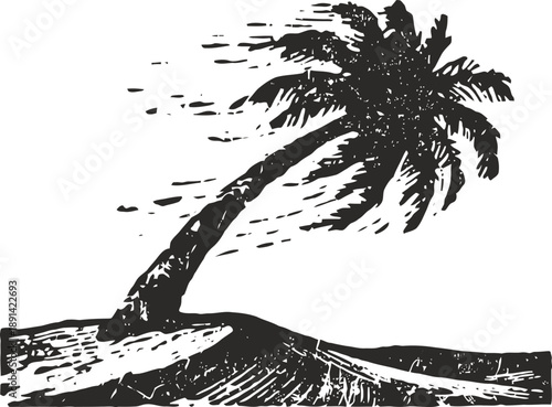 tropical palm tree bending on small island with wind blowing over ocean beach