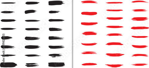 A versatile set of hand-drawn vector brush strokes and ink smears in black and red. Featuring varied textures and thicknesses, ideal for artistic underlines, accents, and graphic design elements.