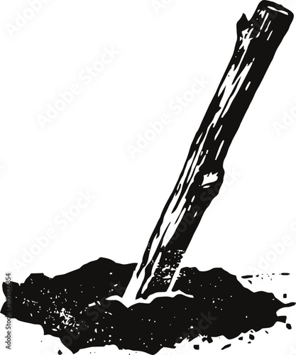 wooden stick planted in soil black and white illustration of a tree seedling support or garden stake in dirt