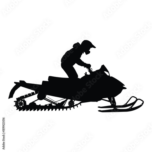Silhouette of a snowmobiler riding across a white background