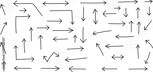 A complex arrangement of black arrows on a white background pointing in various directions