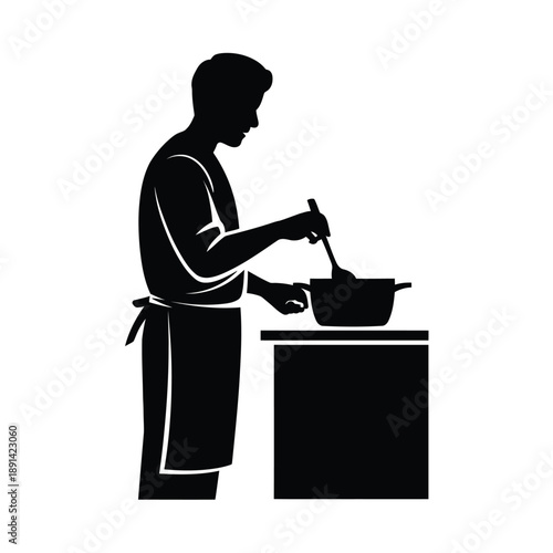 Silhouette of a chef stirring food in a pot on a counter