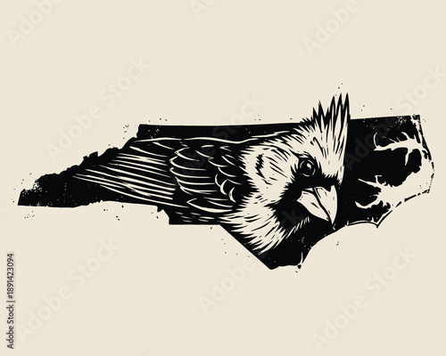 North Carolina State Cardinal Bird Woodcut Illustration