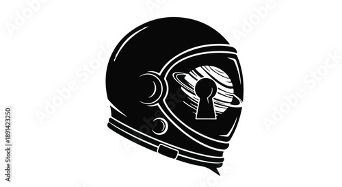 Astronaut Helmet with a Keyhole Revealing a Planet and Stars A Symbol of Exploration and Discovery