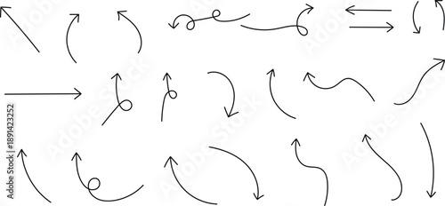 A collection of various hand drawn arrows and curved pointers in different directions and styles on a plain white background for graphic design