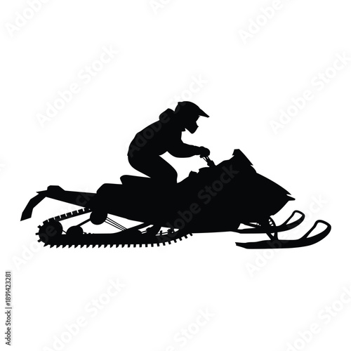 Silhouette of a snowmobiler riding across a white background