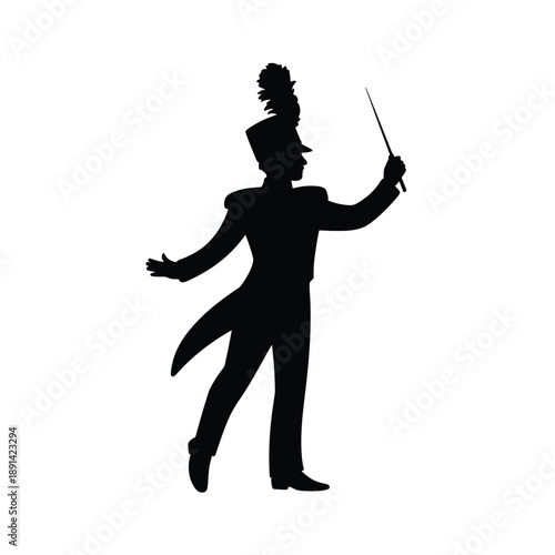 Silhouette of a marching band conductor with baton and tall hat