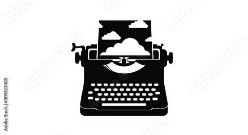 Iconic typewriter with ethereal clouds on paper, embodying the artistic process of mixing imagination with literary creation