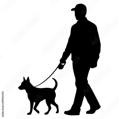 Man walking a dog on a leash in silhouette Vector