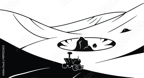 Exploring the vast unknown, a futuristic rover traverses a barren, alien landscape with craters