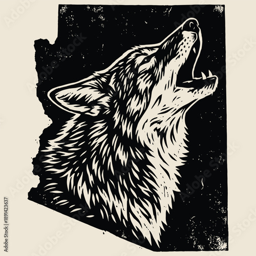 Arizona Howling Wolf Woodcut Illustration