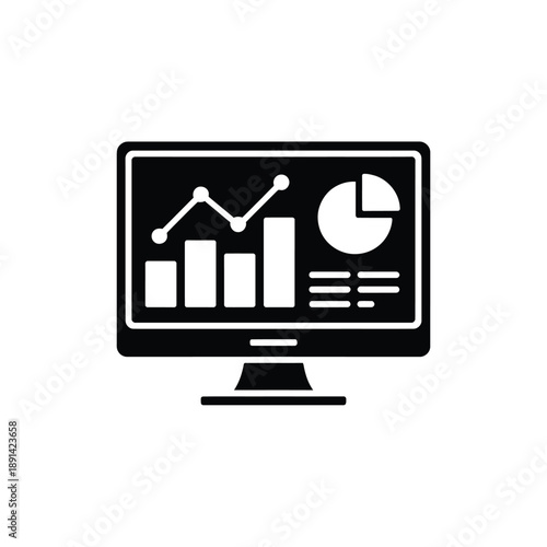 A black icon depicting a computer screen displaying data charts and graphs
