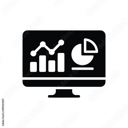 Computer monitor displaying data analysis charts and graphs in black