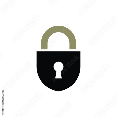 A simple illustration of a black padlock with an open olive green shackle