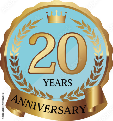 高級感のあるメルヘンな20周年記念エンブレム　ブルー＆ゴールド