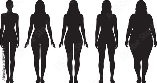 Set of 5 female silhouettes vector isolated PNG with Transparent Background