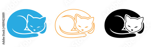 Three sleeping cat logos in blue orange and black