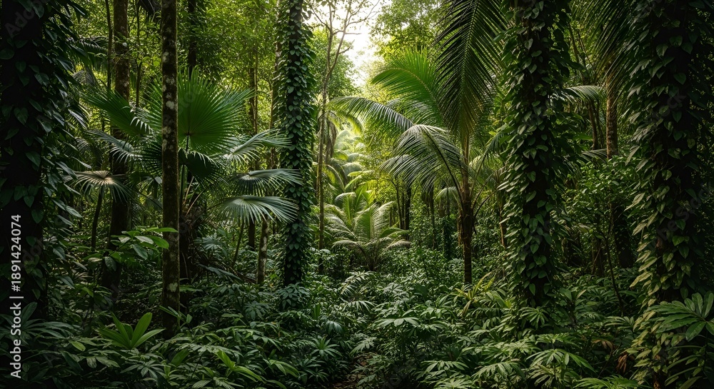 Fototapeta premium Green Rainforest with Tall Palm Trees