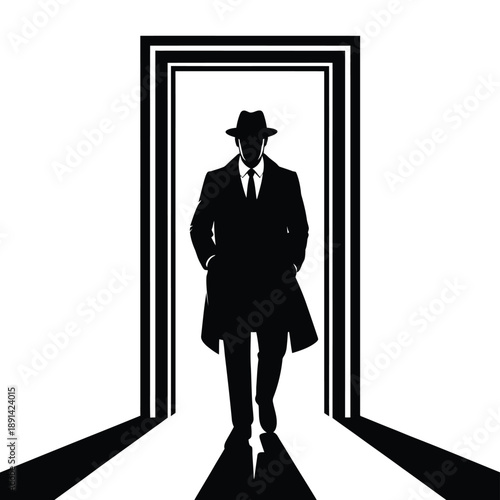 Silhouetted man in a suit and hat walking through a doorway