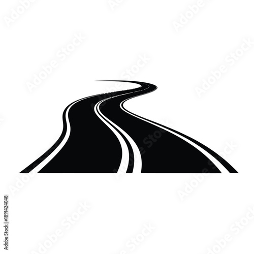 A winding road graphic depicted in stark black and white tones