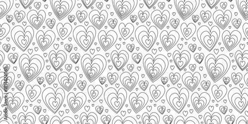 Seamless pattern with outline hearts in hand drawn decorative style. Love, festive, valentine's theme background. Vector illustration on transparent background.