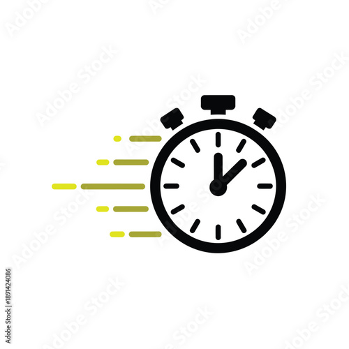 A black stopwatch icon with a yellow speed trail representing time