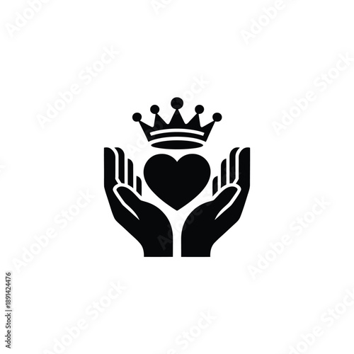 Hands cradling a heart with a crown above a symbol of care