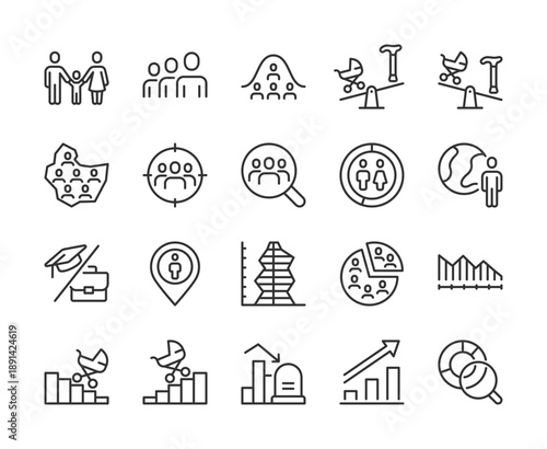 Demography and population analysis, icon set. Population structure, age group, gender distribution, birth rate, social statistic, census data, growth trend. Editable stroke