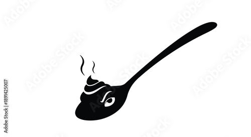 Humorous graphic of a black silhouette spoon with anthropomorphic eyes, looking disgusted at a steaming, unappetizing pile of food it carries