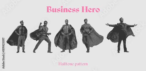 Heroic business man portrait in creative halftone dot pattern for leadership and success concept