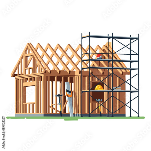 House Framing Under Construction with Scaffolding
