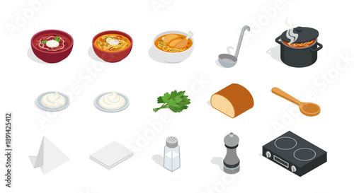 Isometric noodle soup ingredients and cooking utensils collection