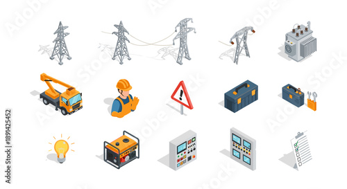 Isometric energy infrastructure set: power lines, workers, and equipment