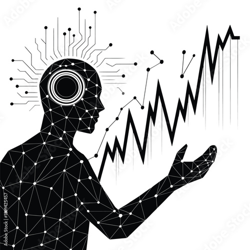 A digital human profile interacts with a complex data visualization