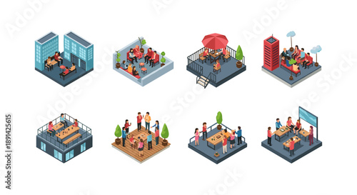 Isometric rooftop cafes and workspaces: people dining and collaborating outdoors