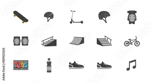 Urban skatepark elements with skates, scooters, helmets, and ramps