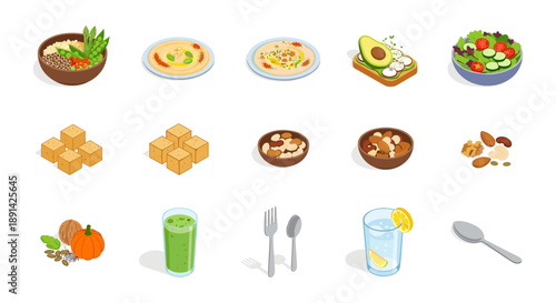 Variety of healthy isometric foods and drinks