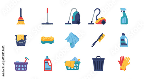 Household cleaning tools and supplies collection with broom, vacuum, and spray bottle